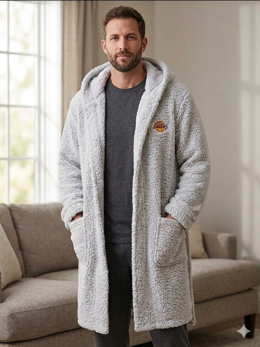 Northwest Men’s Plush Hooded Robe in Light Gray with Lakers Patch L/XL EUC
